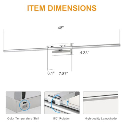 LED Bathroom Vanity Light, Modern Bathroom Light Fixture Over Mirror (3000K/4000K/6000K, Dimmable), Vanity Light Bar with Angle Adjustable, 48 Inch, Chrome - color: Chrome, size: 48 inch