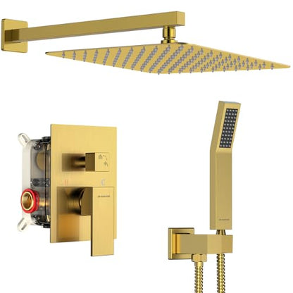 SR SUN RISE 12 Inches Bathroom Luxury Rain Mixer Shower Combo Set Wall Mounted Rainfall Shower Head System Brushed Nickel Finish Shower Faucet Rough-In (12 Inch, Brushed Gold) - color: Brushed Gold, size: 12 Inch