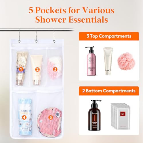 Lifewit Mesh Shower Caddy, 5 Pockets Hanging Bathroom Organizer, 1 Pack | 12" x 20", Attached 3 Hooks, Quick-Dry, Portable, Cruise Essentials, Idea for Toiletry, RVing, Travel, Camping - size: 12" × 20"
