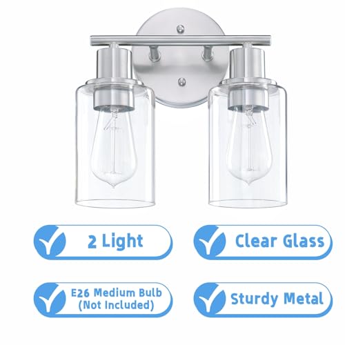 WISBEAM 2-Light Bathroom Vanity Light, Brushed Nickel Bathroom Light Fixtures Over Mirror with Clear Glass Shade Including E26 Medium Base, Bulb NOT Included - color: Silver, size: VNT003