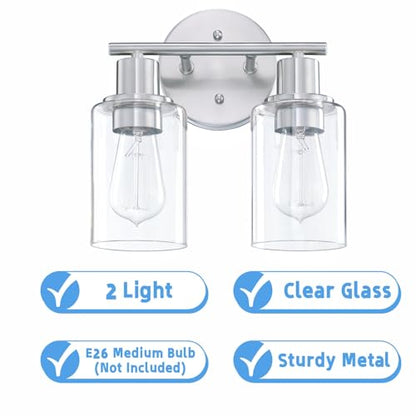 WISBEAM 2-Light Bathroom Vanity Light, Brushed Nickel Bathroom Light Fixtures Over Mirror with Clear Glass Shade Including E26 Medium Base, Bulb NOT Included - color: Silver, size: VNT003