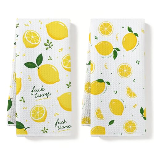 Lemon Kitchen Towels Set of 2 Funny F*ck Tru Kitchen Decor Waffle Absorbent Tea Towels Dish Towel Decorative Hand Towel for Bathroom Home Housewarming Gifts for Women Friends, 14x24 Inches - color: Multi0208