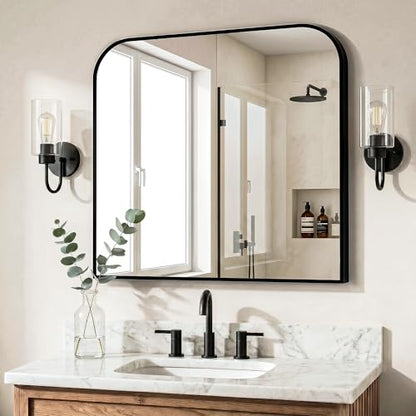 Black Bathroom Vanity Mirror 30x30 Inch | Metal Framed Bathroom Mirror for over Sink, Living Room, Bedroom, Entryway, Mantel, Fireplace Decor, Wall Mounted - size: 30"L x 30"W