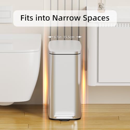 KSSKSS Small Bathroom Trash Can with Lid Soft Close, Step Pedal, 6L / 1.6 Gal Stainless Steel Garbage Bin with Removable Inner Bucket, Slim Wastebasket for Narrow Spaces (Silver) - color: Silver--P