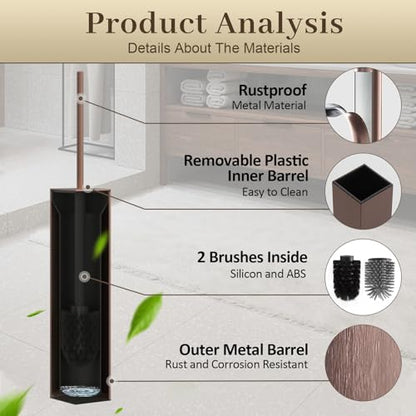 Toilet Brush and Holder Wall Mounted, Brushed Rose Gold Aluminum with 2 Replaceable Heads, Bathroom Toilet Brush, Drill or 3M Adhesive Mount, Removable Liner and Splash Guard, Modern Square Design - color: Rose Gold-wall Mounted