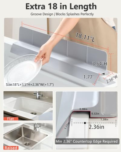 Kitchen Sink Splash Guard 18" 23" 30" Self-Draining Silicone Water Guard with High Splash Wall & Strong Suction Cups for Faucet, Countertop & Sink Edge, Keeps Sinks Dry, Dishwasher Safe, Gray - color: Gray, size: 18" x 3.5"
