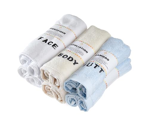 Crafty Cloth 6-Piece Washcloth Set – 3 Distinct Textures for Face, Body, & Sensitive Areas – Embroidered, Microfiber, Exfoliating Nylon, & Viscose Derived from Bamboo - 12x12