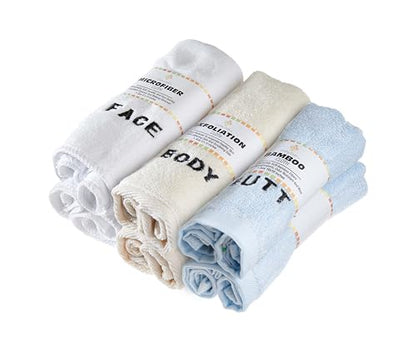Crafty Cloth 6-Piece Washcloth Set – 3 Distinct Textures for Face, Body, & Sensitive Areas – Embroidered, Microfiber, Exfoliating Nylon, & Viscose Derived from Bamboo - 12x12