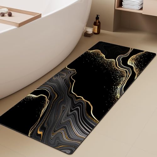 Extra Long Bath Rug, Black and Gold Marble Decor Non Slip Bath Runner Rug with Rubber Backing, Thin Absorbent Quick Dry Bath Mats for Bathtub Bathroom Kitchen, 15.7x47.2 inch - color: Black and Gold