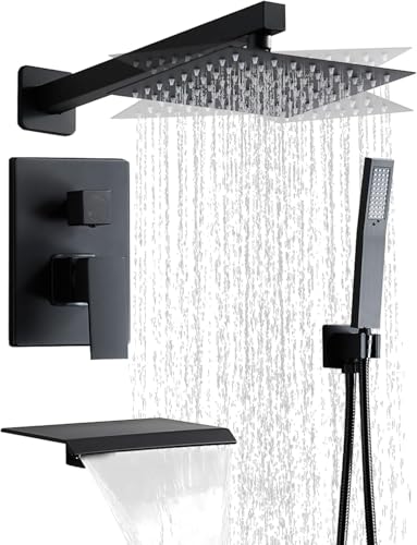 Matte Black Shower Faucet 12 Inch Set with Tub Spout | Shower Head and Handle with 2 Hooks Rain System Square Wall Mount for Bathroom - color: Matte Black, style: 12 Inch