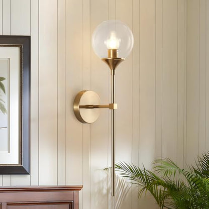 KCO 2 Pack Mid Century Modern Brass Gold Clear Glass Globe Wall Sconce | Reversible Up/ Down Mount, Long Rod Wall Lamp, Hardwired E26 Vanity Wall Light Fixture for Bedroom Bathroom Hallway Stairwell - color: Clear