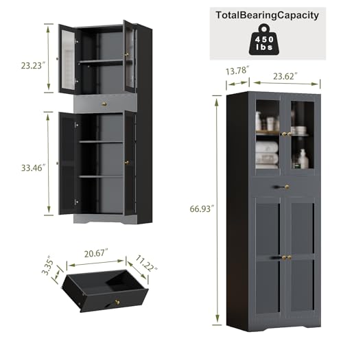 Space-Saving 67 Inch Bathroom Linen Cabinet,Freestanding Tall Storage Tower with Adjustable Shelves & Glass Doors for Bathroom, Kitchen, Hallway Organization (Black)