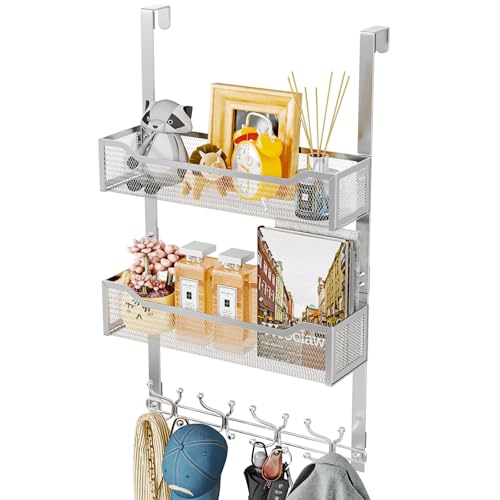 SWTYMIKI Over The Door Hook with 16 Hooks & 2 Mesh Baskets - Heavy Duty Over The Door Organizer Hanger for Towels, Coats, Clothes - Space Saving Hanging Rack for Bathroom, Living Room, Silver - color: Silver