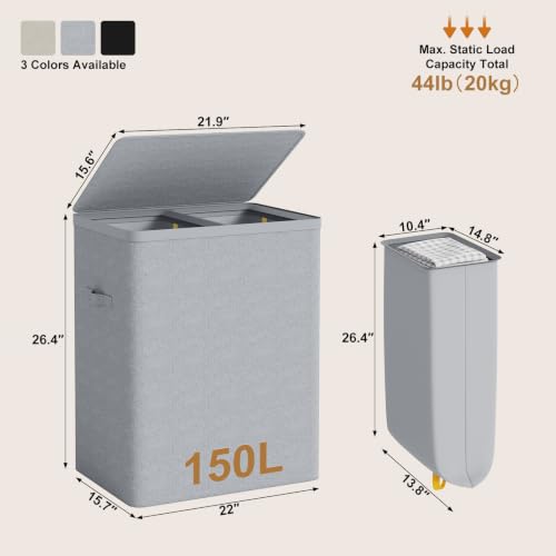 Double Laundry Hamper with Lid, 150L Large Laundry Basket 2 Compartments | Gasvadivum Dirty Clothes Hamper 2 Section with Portable Liner Bags and Handles for Laundry Room, Bedroom, Easy Assembly, Grey - color: Grey