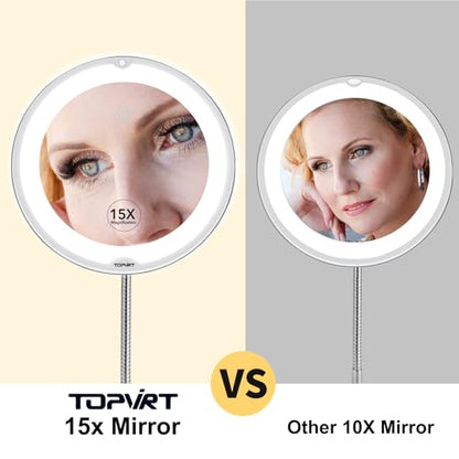 Flexible 15X Magnifying Suction Mirror - Dimmable LED Vanity Mirror, Power Suction Cup, Portable for Home Bathroom - Ideal for Detailed Makeup Eyeshadow Eyeliner (Large)
