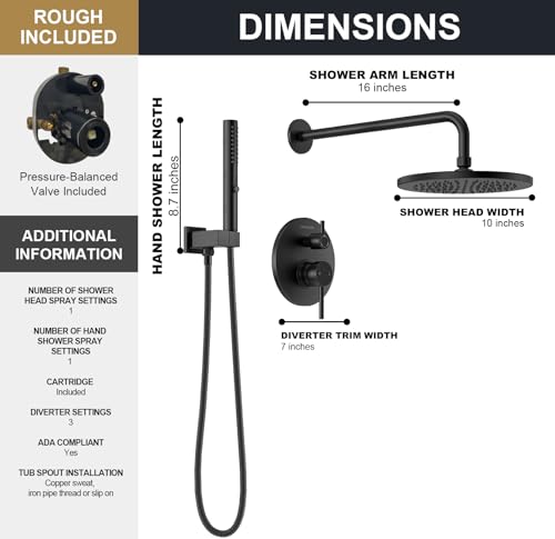 Lava Odoro Modern Rain Shower System Faucet Set, SF104-MB | 2-Setting Round Shower Valve Trim Kit, Matte Black Shower Head Set with Sprayer, 10 Inch, Rough-in Valve Included - color: Matte Black, style: Without Tub Spout