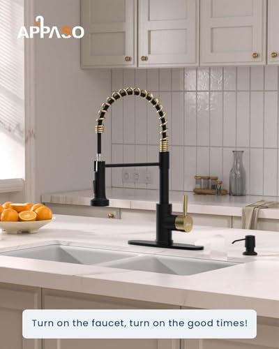 APPASO Black and Gold Spring Kitchen Faucet with Soap Dispenser | NSF/ANSI/CAN 372 & Lead-free, Commercial Single Handle High Arc Faucet for Farmhouse Camper Bar Sink Laundry Room - color: Black & Gold
