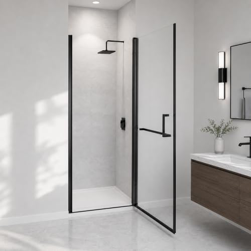 34-35.2" W x 72" H Single Frameless Pivot Swing Shower Door | 1/4" Clear SGCC Tempered Glass with a 30.2" walk-in opening, Matte Black Finish, Adjustable Width, Reversible Installation - color: Matte Black, size: 34"- 35.2"