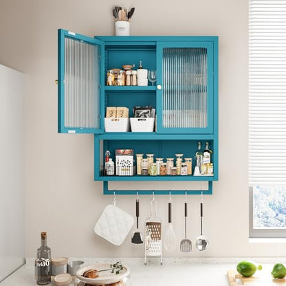 Bathroom Wall Cabinet with 2 Glass Door, Bathroom Medicine Cabinet with Towels Bar and Shelves, Over The Toilet Storage Cabinet, Metal Wall Mounted Cabinet for Kitchen (Blue) - color: Blue