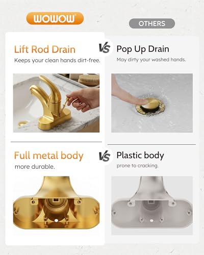 WOWOW 4 Inch Bathroom Faucet Single Handle Faucet for Bathroom Sink Brushed Gold Vanity Tap with Lift Rod Drain Assembly, Rv Lavatory Taps 3 Hole - color: Brushed Gold