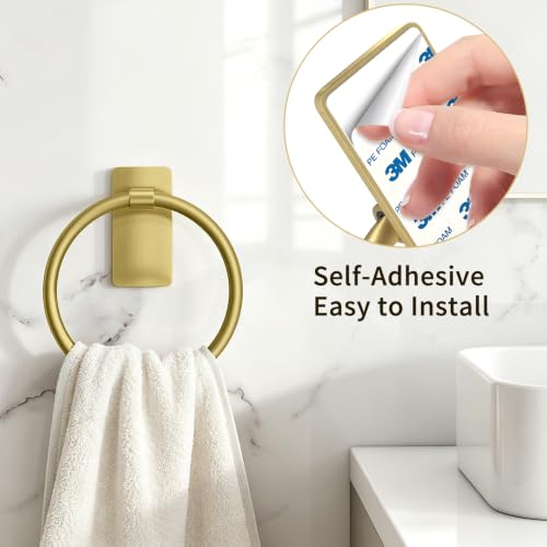STWWO Gold Towel Ring for Bathroom, Adhesive Hand Towel Holder for Bathroom, Kitchen, No Drill | for Bath RV Kitchen, Self Adhesive Wall Mounted, No-Drill Stick On, Brushed Gold - color: Gold