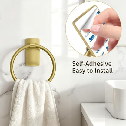 STWWO Gold Towel Ring for Bathroom, Adhesive Hand Towel Holder for Bathroom, Kitchen, No Drill | for Bath RV Kitchen, Self Adhesive Wall Mounted, No-Drill Stick On, Brushed Gold - color: Gold
