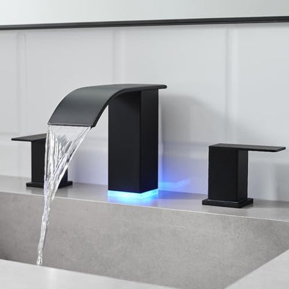 RUMOSE LED Bathroom Faucets Set 3 Hole Vanity Faucet with Pop Up Drain | Matte Black Bathroom Sink Faucet, Widespread Waterfall, 3 Colors Light Changing, Stainless Steel, Deck Mounted - color: Matte Black