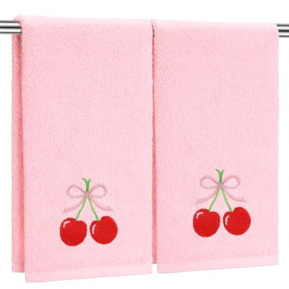 SmoothNovelty 2 Pcs Cherry Hand Towels Light Pink Bathroom Decor 14x29 Inch Embroidered 100% Cotton Soft Absorbent Spring Summer Decorative Hand Towels for Bathroom Kitchen - style: Cherry