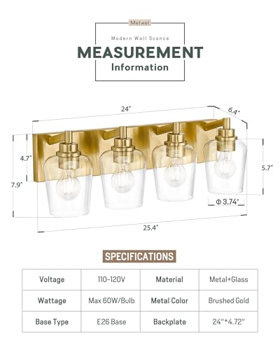 4-Light Brushed Gold Bathroom Vanity Light, Wine Clear Glass Shades | 25.4" modern bathroom light fixtures over mirror, E26 base, bulbs not included, VL155-BG-4 - color: Brushed Gold, Wine Glass Shade, size: 4-light