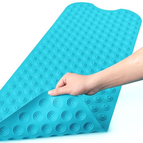 Bligli Bathtub Mat Non-Slip Without Suction Cups, 39x16inch Extra Long Bath Mats for Shower Bathroom, Machine Washable Natural Rubber Shower Tub Mat (39x16inch, Blue) - color: Blue