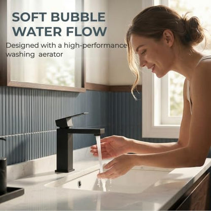 Matte Black Bathroom Faucet, Modern Single Handle Square Bathroom Sink Faucet with Pop Up Drain Assembly, Stainless Steel Vanity Bathroom Faucets, Single Hole Deck Mount,BF011B - color: S-Matte Black, style: Short