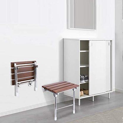 Folding Shower Seat Wall Mounted with Legs, Foldable Shower Chair for Inside Shower, Fold Down Shower Bench for Seniors (Wood, Fixed Height)