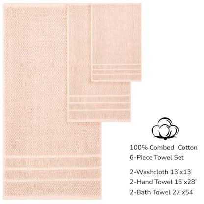 Feather & Stitch 100% Cotton 625 GSM Bath Towel Set of 6, Ultra Soft Highly Absorbent 2 Bath Towels, 2 Hand Towels & 2 Washcloth - Luxury Quick Dry Shower Towels (Pale Peach) - color: Pale Peach