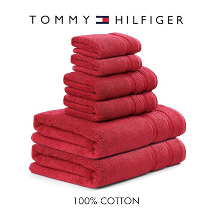 Tommy Hilfiger - Bath Towels, 100% Soft & Absorbent Plush Cotton with Zero Twist Constructions, Quick Dry and Medium Weight Bathroom Towels (Harborside Solid Red, 6 Piece) - color: Harborside Solid Red