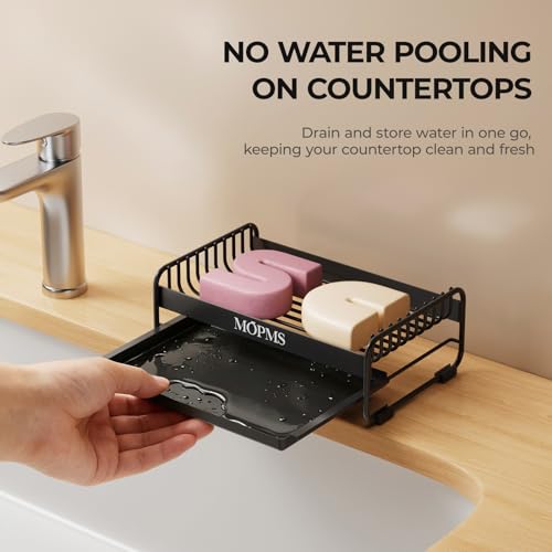MOPMS Soap Dish for Shower, Carbon Steel Bar Soap Holder with Drainage | Durable Soap Saver with Water Tray for Bathroom, Kicthen Sink and Countertop - color: Black