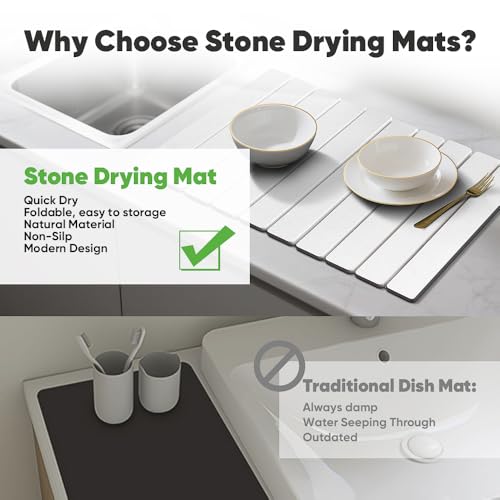 Stone Drying Mat for Kitchen Counter, Quick Diatomaceous Earth Mats for Dishes, 24"L x 16" W Super Absorbent Fast-Drying Collapsible Countertop Stone Mat (White, 24" x 16") - color: White