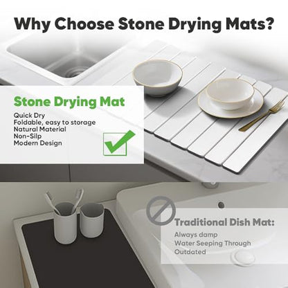 Stone Drying Mat for Kitchen Counter, Quick Diatomaceous Earth Mats for Dishes, 24"L x 16" W Super Absorbent Fast-Drying Collapsible Countertop Stone Mat (White, 24" x 16") - color: White