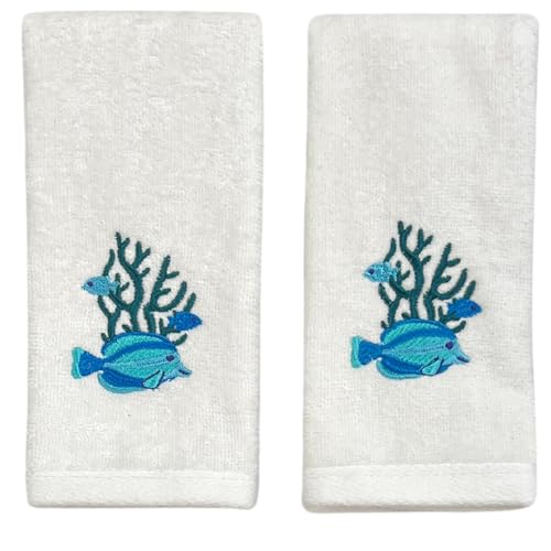 Serafina Home Summer Soft Absorbent Bathroom Coastal Guest Embroidered Fingertip Towels: Sealife Fish Coral Design, 2 Piece 12" x 18" Inches - color: Fish Coral