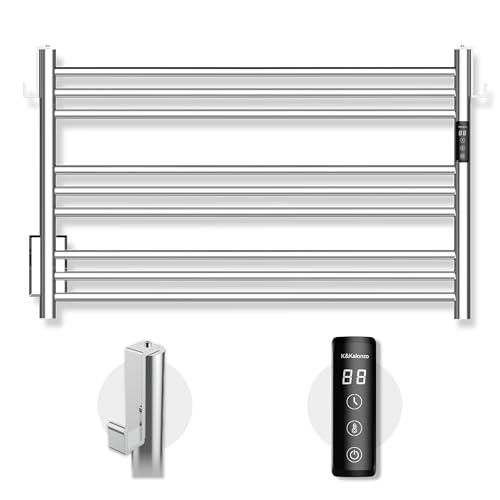 K&KALONZO Wall-Mounted 9-Bar Heated Towel Rack, Fast Heat in 2 Min, NTC Safety | 4 Timers & 3 Heat Levels Control, Plug-In/Hardwired, Top Hooks, Memory Function, Anti-Scald, Stainless Steel, EL13MP - color: Polished, size: H 19.7 x W 31.5