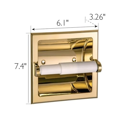 Bowery Hill Recessed Toilet Paper Holder, Polished Brass Finish, Zinc and Aluminum Construction, 6 in Dimensions, Includes Plastic Roller, Space-Saving Design for Bath or Powder Room