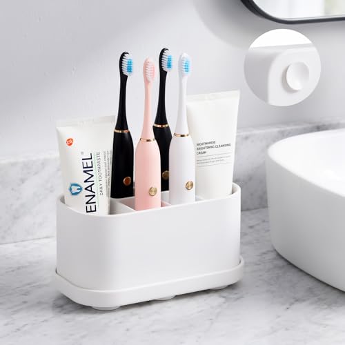 Luxspire Toothbrush Holders for Bathrooms, Silicone, 5 Slots, White | Toothbrush Organizer with Suction Cup Tray, Toothbrush Holder with Drainage for Bathroom Countertop - color: White