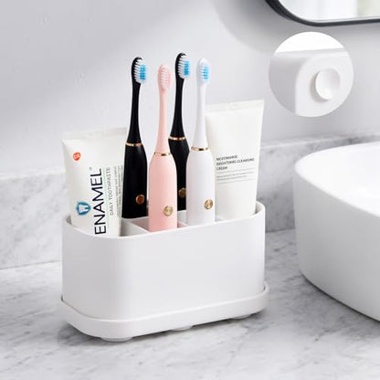Luxspire Toothbrush Holders for Bathrooms, Silicone, 5 Slots, White | Toothbrush Organizer with Suction Cup Tray, Toothbrush Holder with Drainage for Bathroom Countertop - color: White