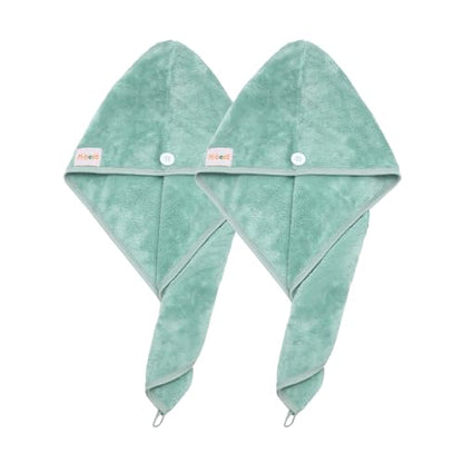 M-bestl 2 Pack Microfiber Hair Towel Wrap,Hair Drying Towel with Button, Hair Towel Turban,Head Towel to Dry Hair Quickly (Green&Green) - color: Green&green