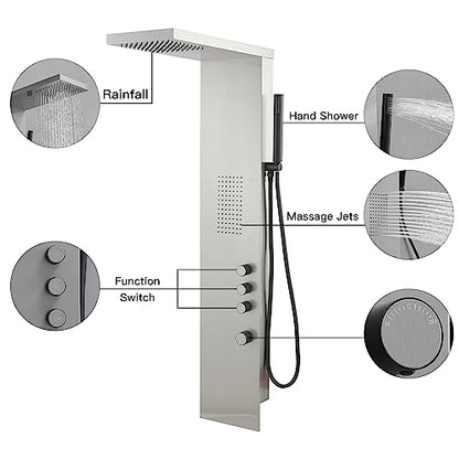 BWE Stainless Steel Shower Panel Tower System 3 IN 1 Brushed Nickel | Shower Panel - Rainfall Shower Head and Handheld with Massage Body Jets - Wall Mount - color: Brushed Nickel