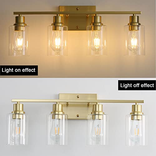4-Lights Gold Bathroom Light Fixture, Brushed Brass Vanity Light with Clear Glass Shade, Modern Bath Wall Lights for Living Room, Hallway, Bedroom - color: Gold 4-Light