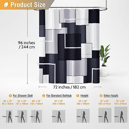 72x96 Long Modern Geometric Waterproof Fabric Shower Curtain, Black | Extra Tall, Premium Polyester, Weighted Hem, 12 Plastic Hook, Vibrant Color, Wrinkle-resistant, Quick-Dry, Machine Washable - color: Black, size: 72"W x 96"L (Pack of 1)