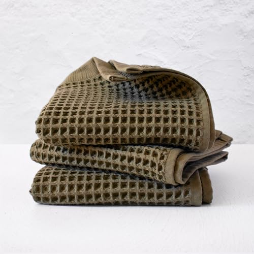 PÜSKÜL - Set of 3 Organic Waffle Hand Towel Khakie - Premium Quality, 100% Turkish Cotton, Soft, Quick-Dry, Absorbent, Lint-Free Face Kitchen Hand Towels (Khaki Green, Hand Towels - Pack of 3) - color: Khaki Green, size: Hand Towels - Pack of 3