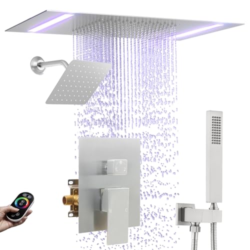 Rain Shower Head System with 14x20 Inch Ceiling Mount LED Head & 6 Inch Wall Head and Handheld Shower 3 Way Pressure Balance Valve Kit,Brushed Nickel - color: Brushed Nickel, style: 14x20 inch+6inch