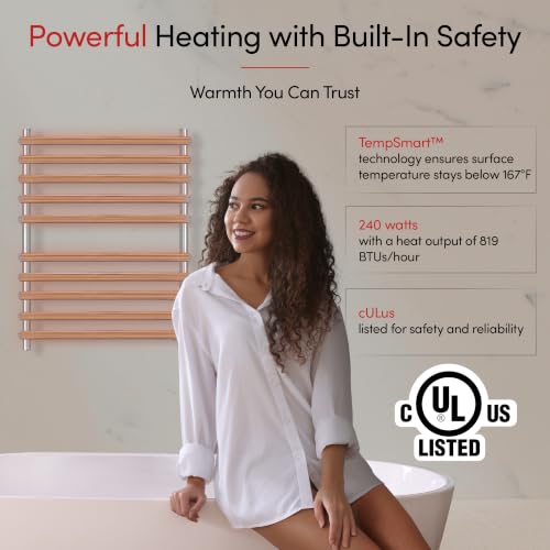 WarmlyYours Rome Heated Towel Rack, 10 Bars, Brushed Steel, Hardwired | Wall-mounted electric towel warmer for bathrooms, 10 heated bars, brushed stainless steel, hardwired connection
