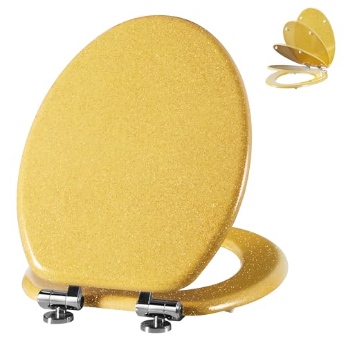 Angol Shiold Glitter Toilet Seat Molded Wood Elongated Toilet Seat with Quietly Close and Quick Release Hinges, Easy to Clean also Easy to Install (Elongated 18.5'', Yellow) - color: Yellow, size: Elongated 18.5‘’